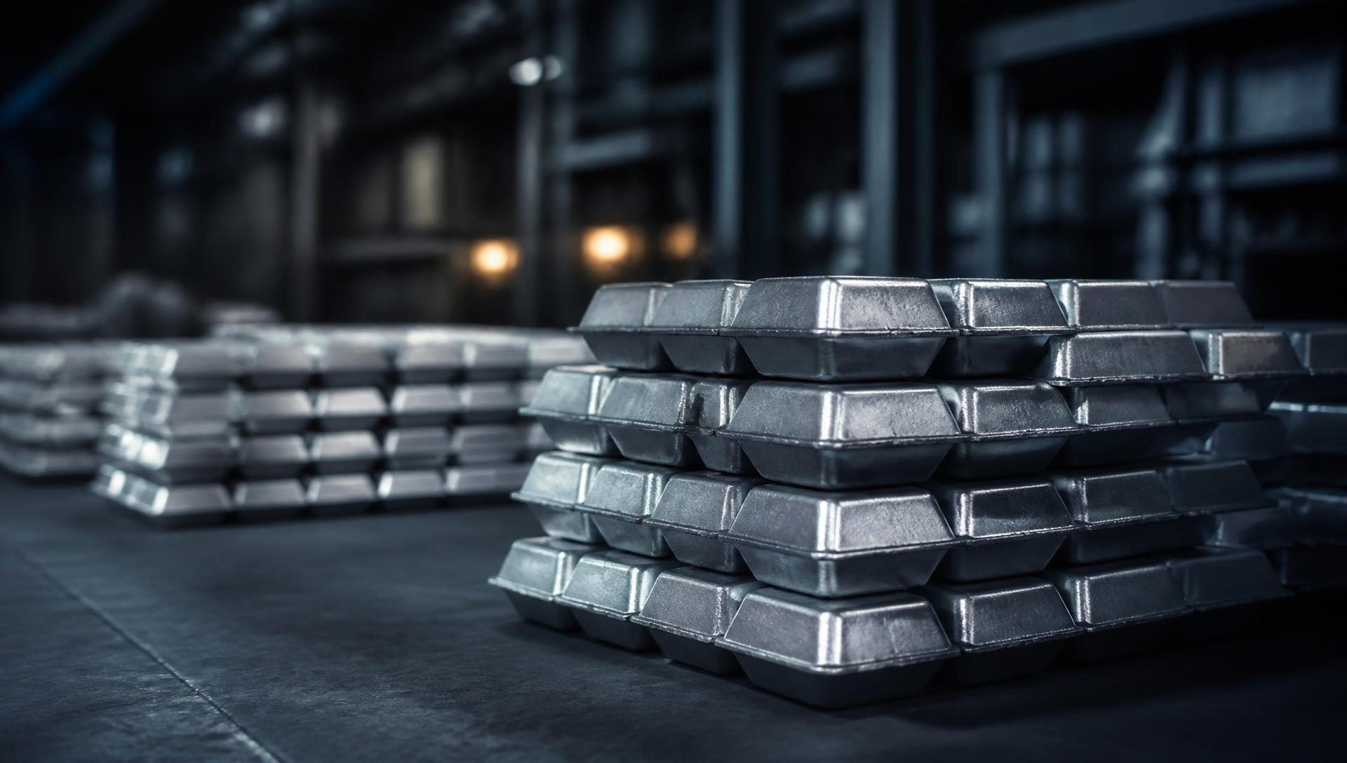 Aluminium alloy remelt ingots stacked in an industrial facility